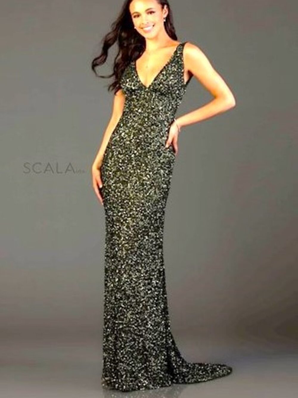 NWT SCALA 48883 Prom Sequined Sheath Dress Olive Size 2